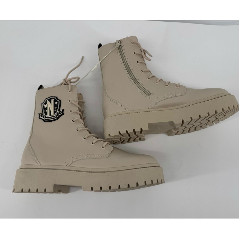 ZARA Wednesday Adams Combat Boots Beige Lug Sole Goth Academia Platform 7.5 US - Picture 6 of 12